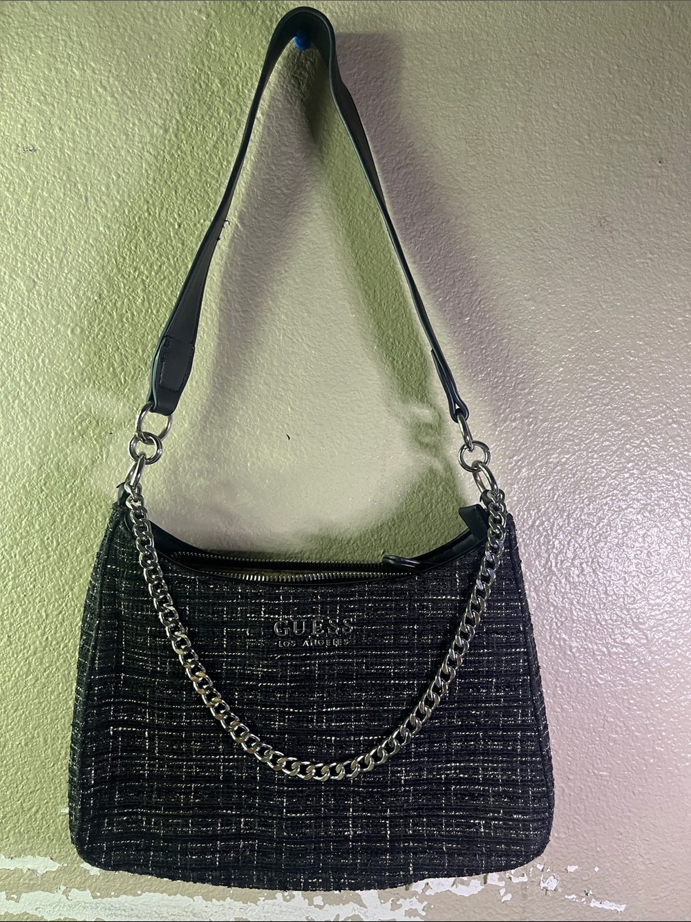 Guess Black Tweed Shoulder Bag with Silver Chain